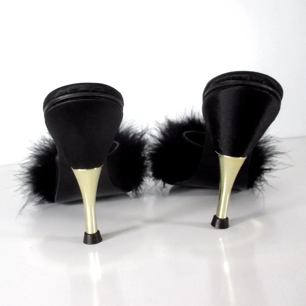 Vintage 90s Black Marabou Slipper Metal Heel Shoes 7