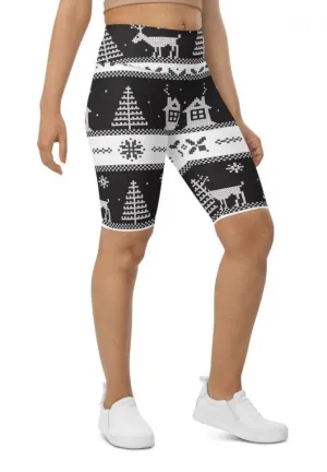 Vintage Black & White Christmas Biker Shorts