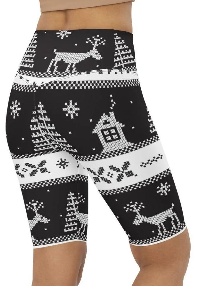 Vintage Black & White Christmas Biker Shorts