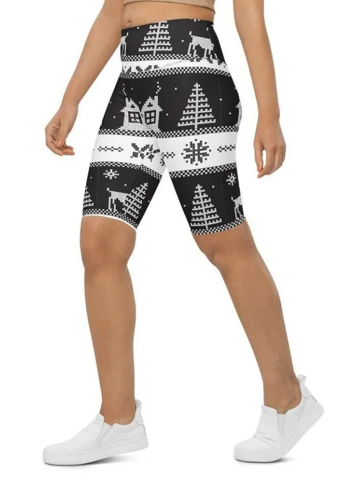 Vintage Black & White Christmas Biker Shorts