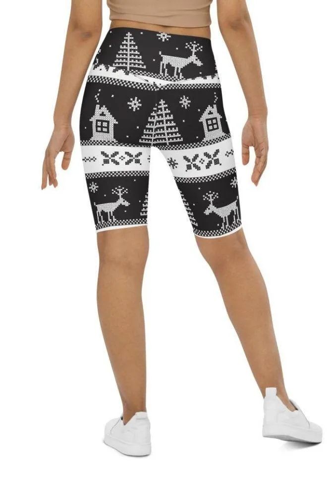 Vintage Black & White Christmas Biker Shorts