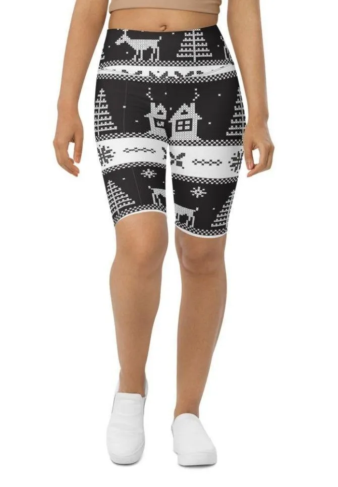 Vintage Black & White Christmas Biker Shorts