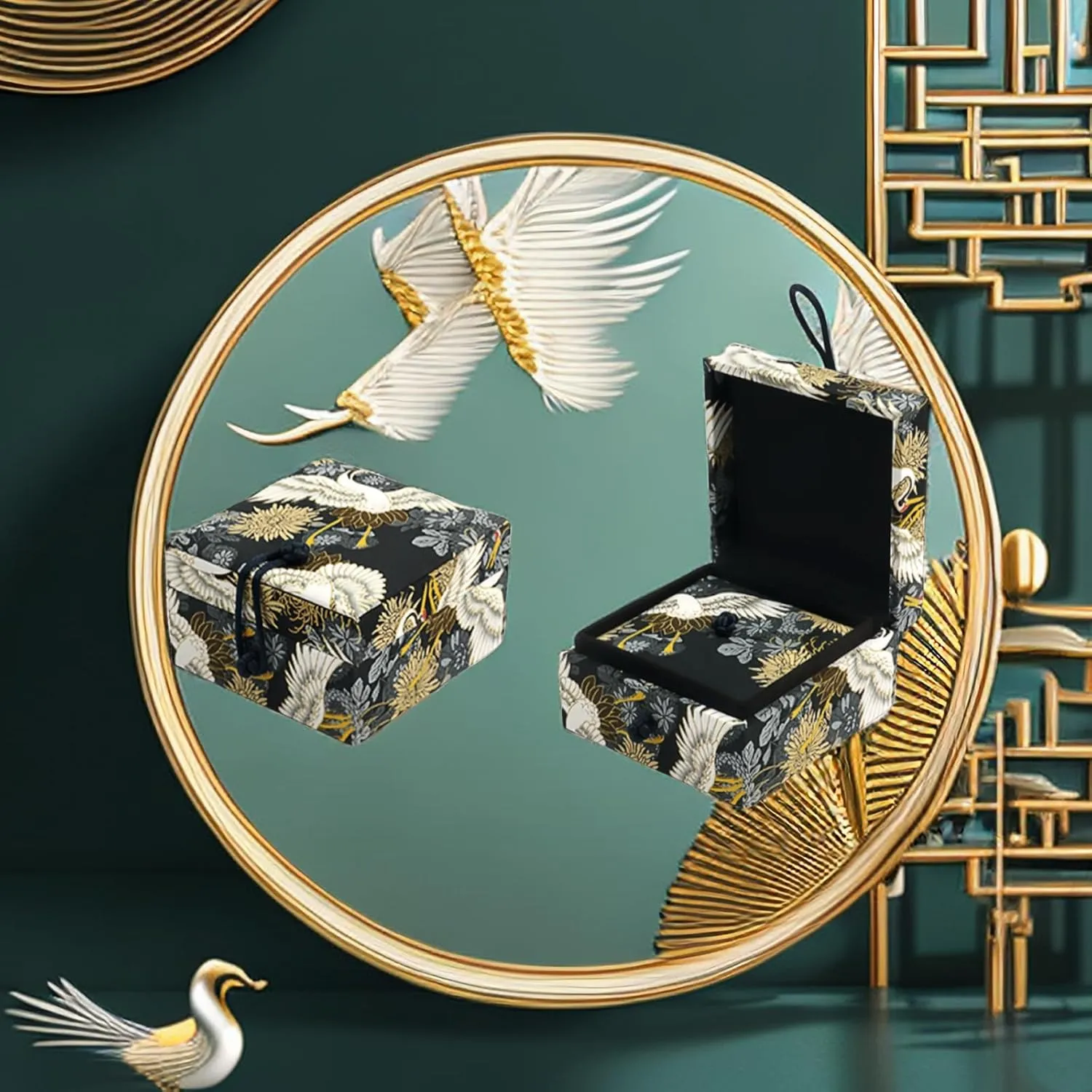 Vintage brocade tray buckle Chinese jewelry box Bracelet box Pendant necklace Gift box High-end packaging box (Crane, Bracele box)
