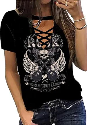 Vintage Rock and Roll T Shirts for Women Casual Country Music Tshirts Funny Summer Rock Band Concert Shirt Top