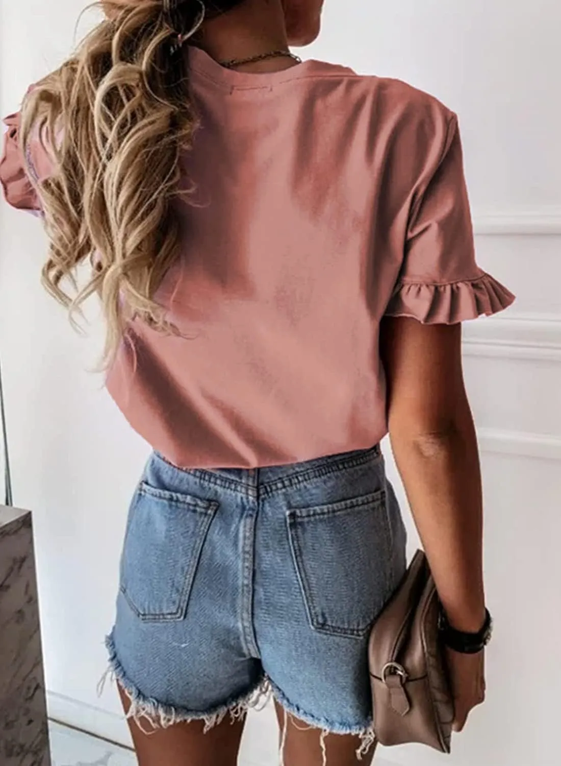 Vircreate Womens Summer Ruffle Plain V Neck T Shirts Short Sleeve Loose Fit Tee Casual Blouse Tunic Tops