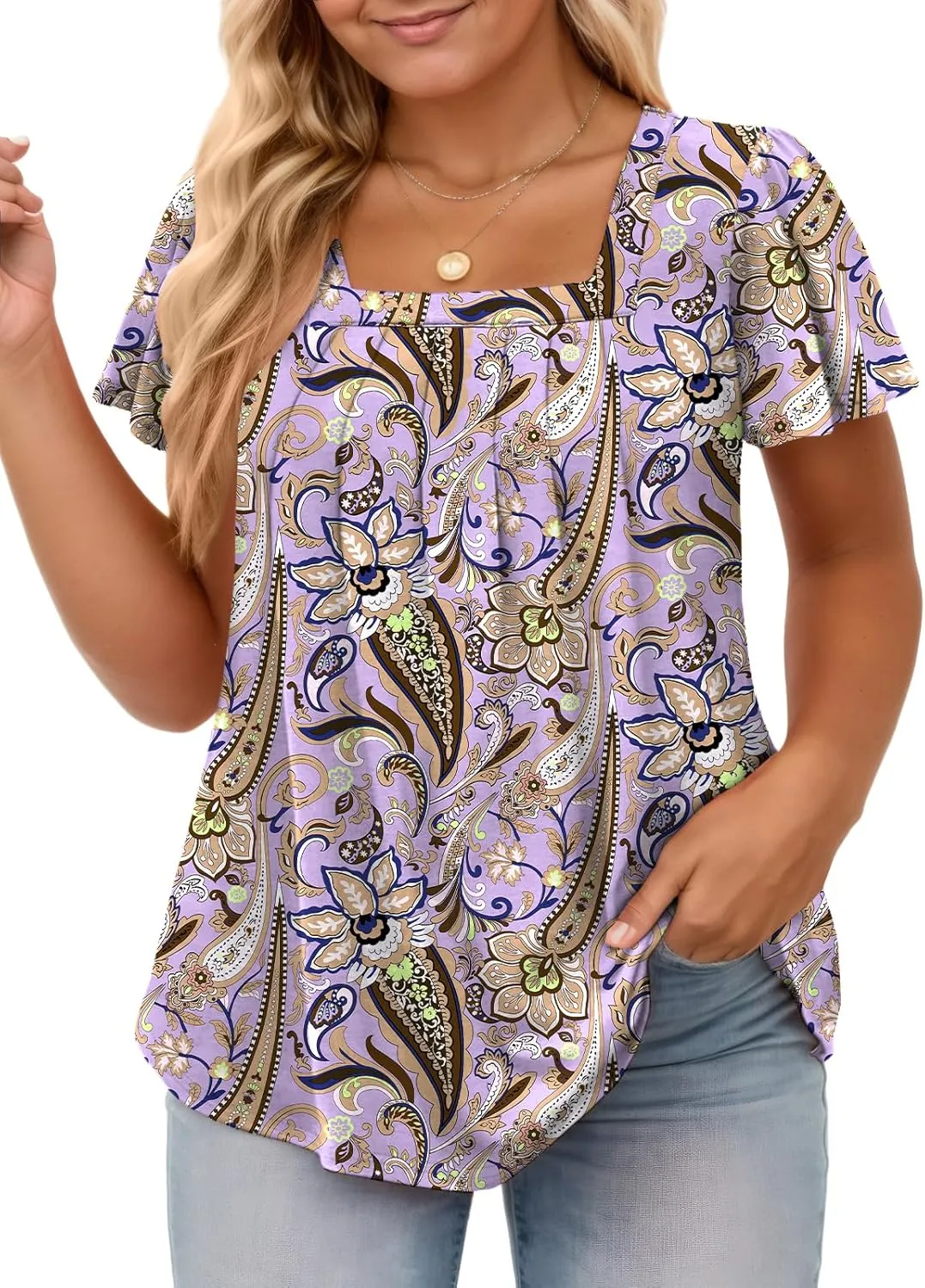 VISLILY Womens-Plus-Size-Summer-Tops Casual Ruffle Sleeve T Shirts Trendy Square Neck Tunics Loose Comfy Pleated Tees