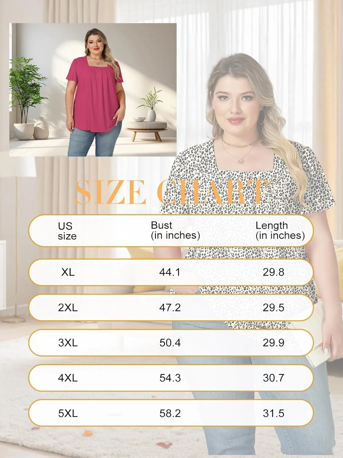 VISLILY Womens-Plus-Size-Summer-Tops Casual Ruffle Sleeve T Shirts Trendy Square Neck Tunics Loose Comfy Pleated Tees