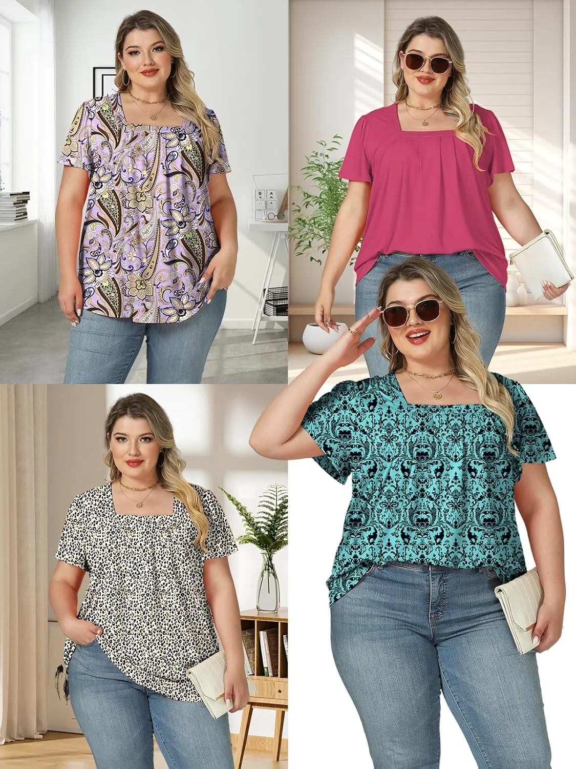 VISLILY Womens-Plus-Size-Summer-Tops Casual Ruffle Sleeve T Shirts Trendy Square Neck Tunics Loose Comfy Pleated Tees