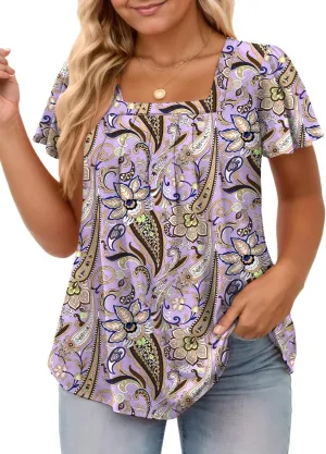 VISLILY Womens-Plus-Size-Summer-Tops Casual Ruffle Sleeve T Shirts Trendy Square Neck Tunics Loose Comfy Pleated Tees