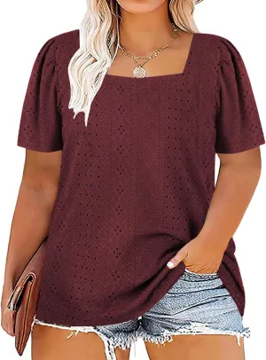 VISLILY Womens-Plus-Size-Summer-Tops Square Neck T Shirts Puff Short Sleeve Blouses Eyelet Tunics XL-5XL