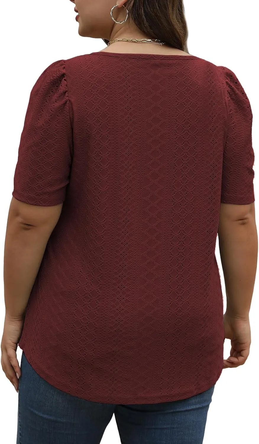 VISLILY Womens-Plus-Size-Summer-Tops Square Neck T Shirts Puff Short Sleeve Blouses Eyelet Tunics XL-5XL