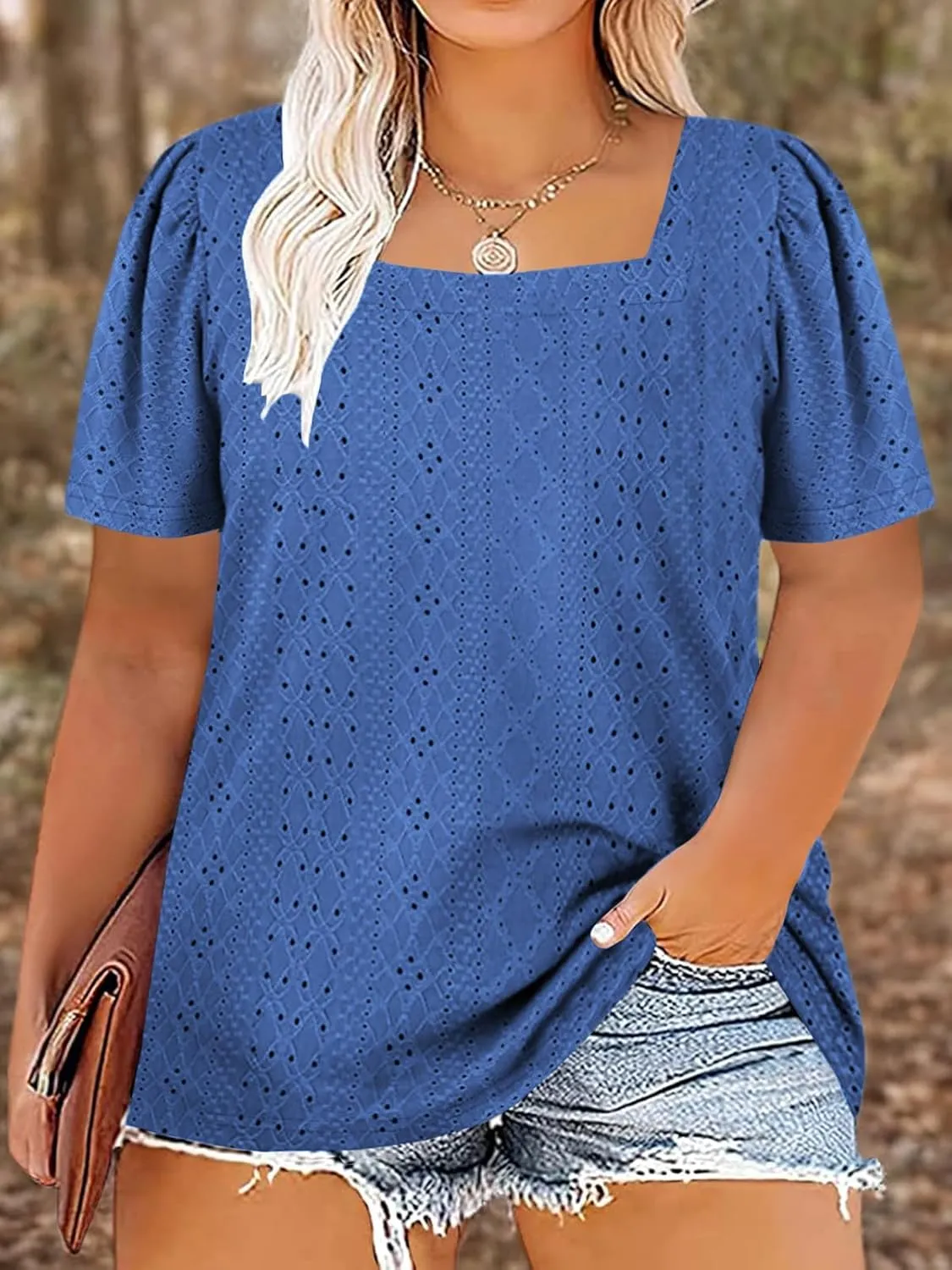 VISLILY Womens-Plus-Size-Summer-Tops Square Neck T Shirts Puff Short Sleeve Blouses Eyelet Tunics XL-5XL