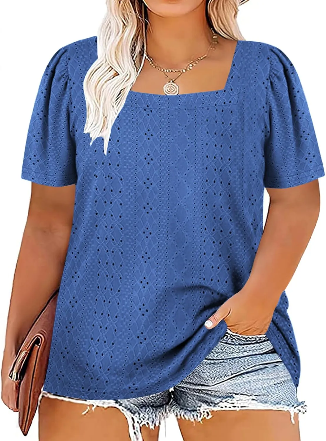 VISLILY Womens-Plus-Size-Summer-Tops Square Neck T Shirts Puff Short Sleeve Blouses Eyelet Tunics XL-5XL