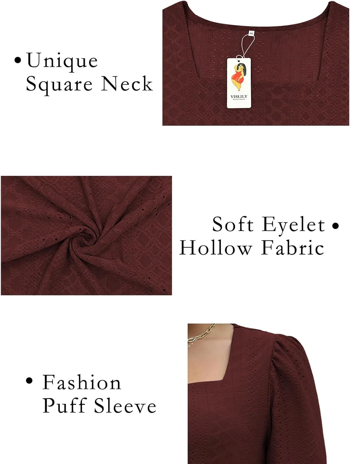 VISLILY Womens-Plus-Size-Summer-Tops Square Neck T Shirts Puff Short Sleeve Blouses Eyelet Tunics XL-5XL