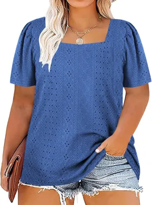 VISLILY Womens-Plus-Size-Summer-Tops Square Neck T Shirts Puff Short Sleeve Blouses Eyelet Tunics XL-5XL