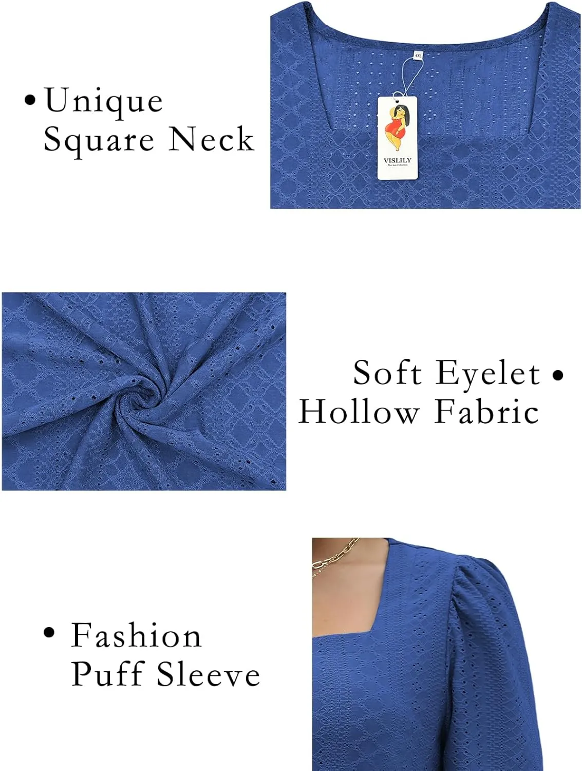 VISLILY Womens-Plus-Size-Summer-Tops Square Neck T Shirts Puff Short Sleeve Blouses Eyelet Tunics XL-5XL