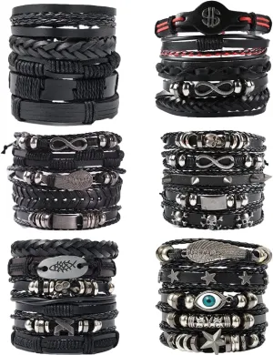 WAINIS 6 Pack Mens Black Leather Bracelets Set for Men Stackable Braided Cuff Bracelet Tribal Punk Rock Handmade Wristband