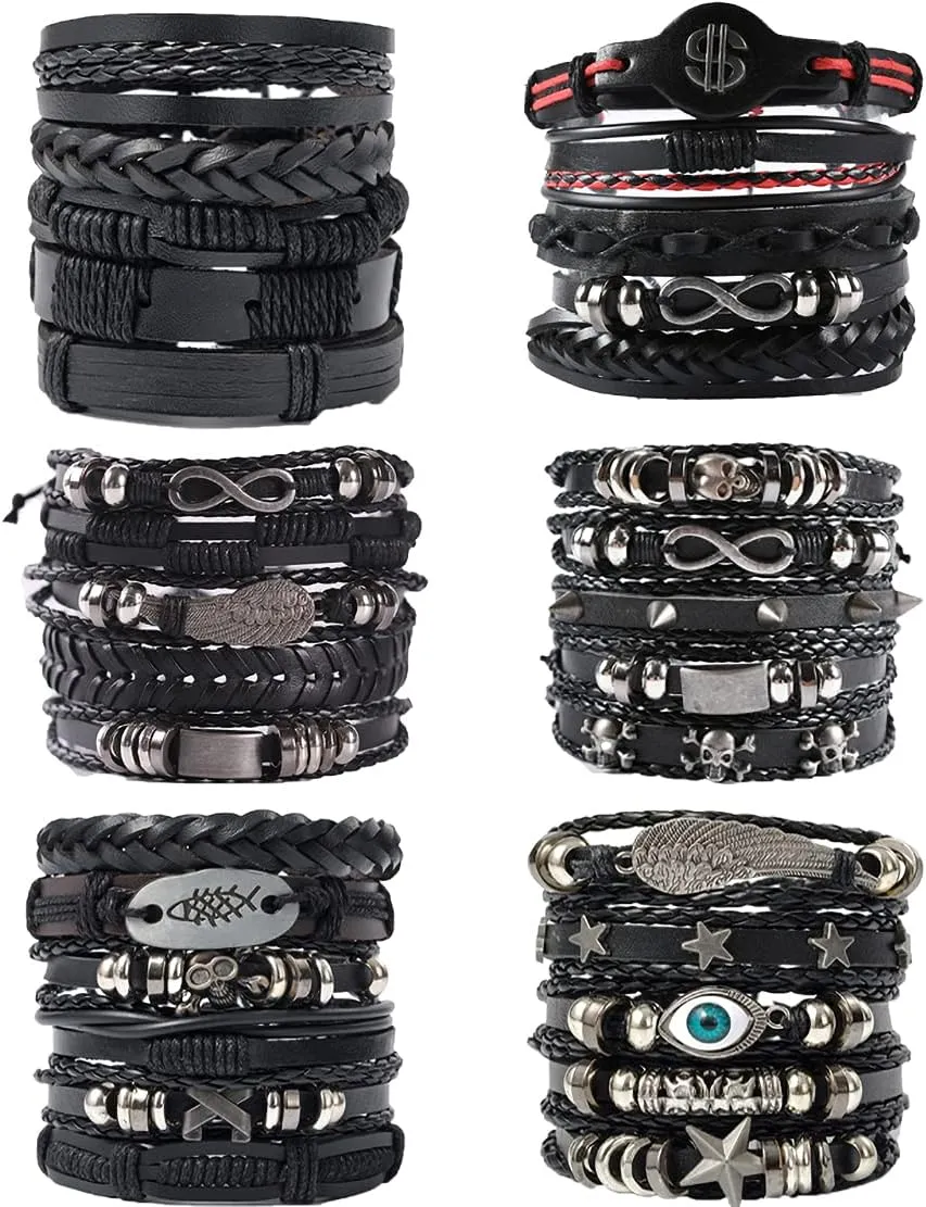 WAINIS 6 Pack Mens Black Leather Bracelets Set for Men Stackable Braided Cuff Bracelet Tribal Punk Rock Handmade Wristband