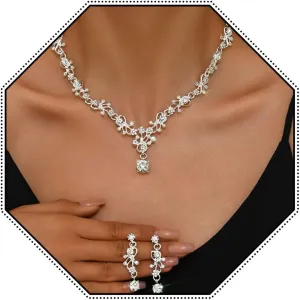 Wedding Necklace Bride Rhinestone Floral Necklace Earring Set Bridal Sets Prom Party Teardrop Dangle Necklace and Earring Drop