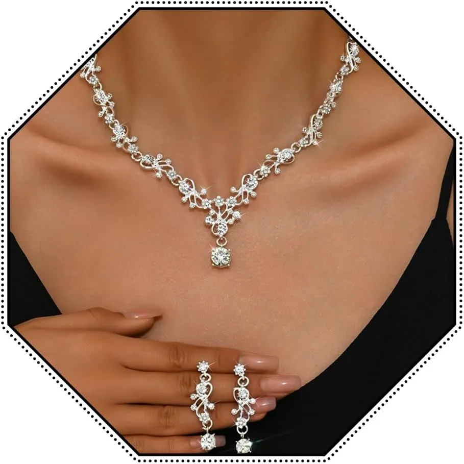 Wedding Necklace Bride Rhinestone Floral Necklace Earring Set Bridal Sets Prom Party Teardrop Dangle Necklace and Earring Drop