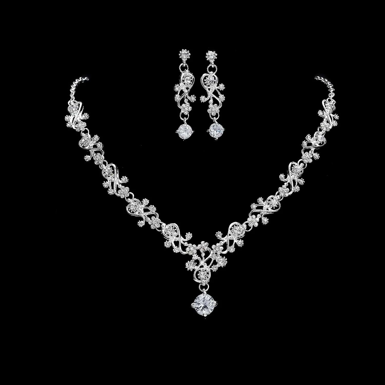 Wedding Necklace Bride Rhinestone Floral Necklace Earring Set Bridal Sets Prom Party Teardrop Dangle Necklace and Earring Drop
