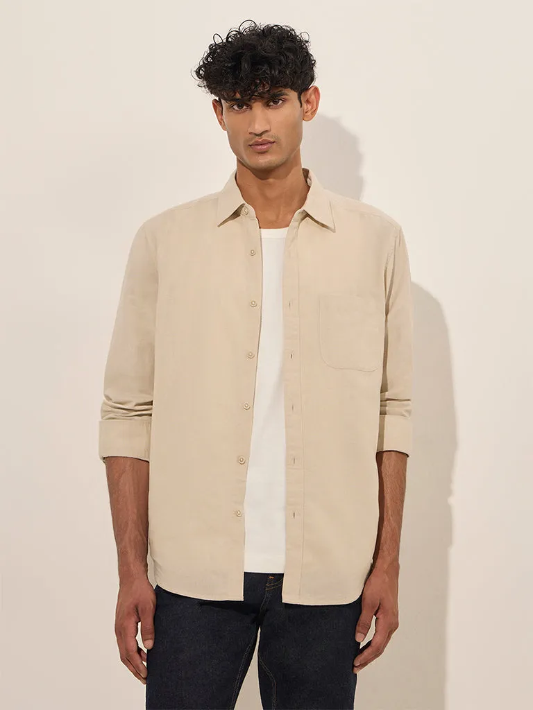 WES Casuals Beige Solid Relaxed-Fit Cotton Shirt