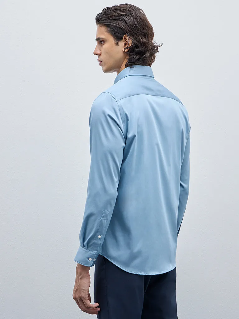 WES Formals Blue Slim-Fit Cotton-Blend Shirt
