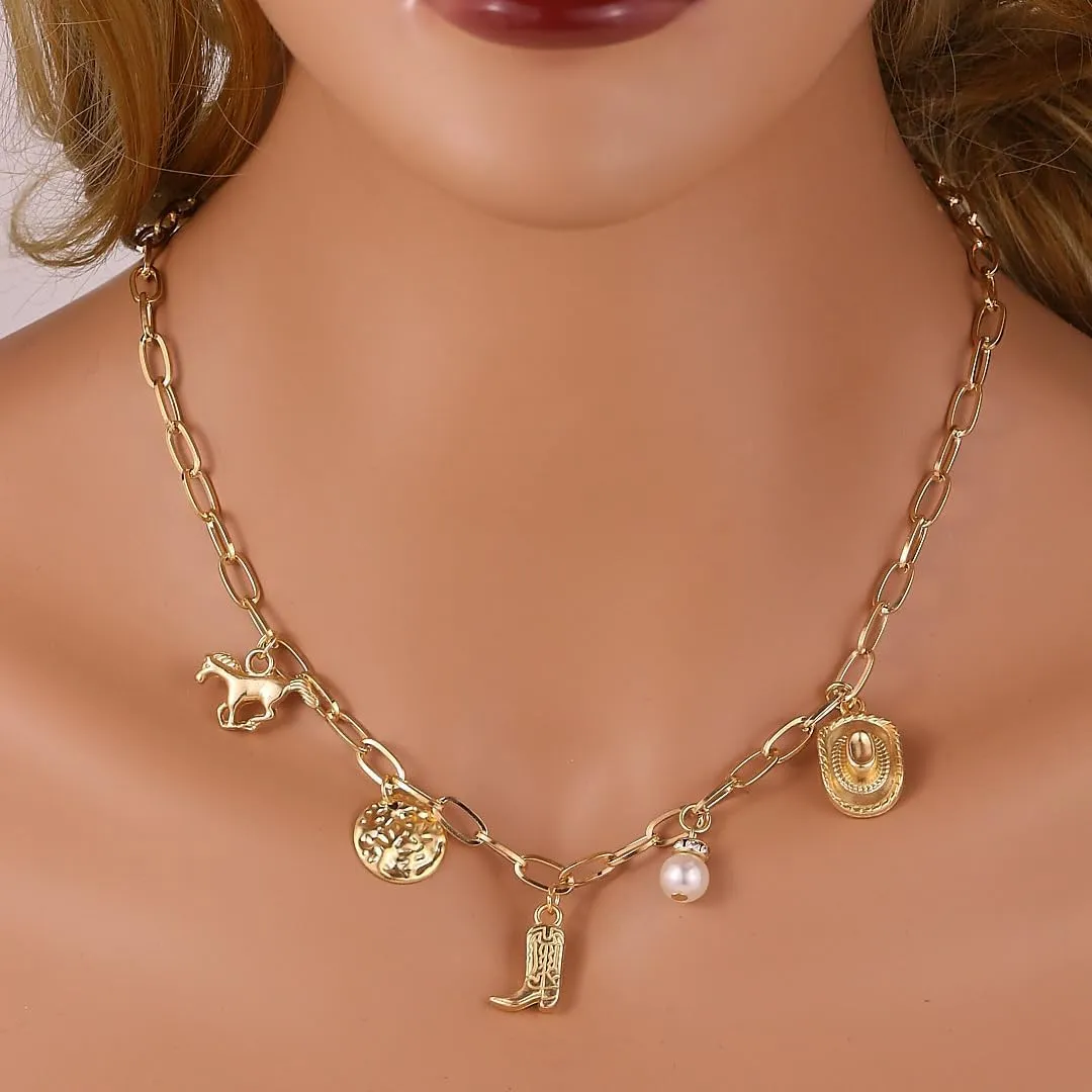 Western Cowboy Necklaces for Women Trendy Cowgirl Hat Boots Charm Gold Chain Necklace Western Cowgirl Costume Jewelry Cowboy Hat Boot Pendant Necklace for Women