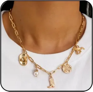 Western Cowboy Necklaces for Women Trendy Cowgirl Hat Boots Charm Gold Chain Necklace Western Cowgirl Costume Jewelry Cowboy Hat Boot Pendant Necklace for Women
