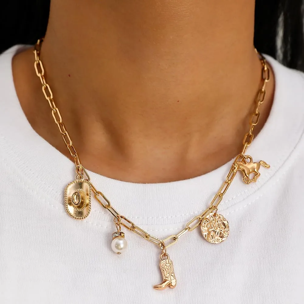 Western Cowboy Necklaces for Women Trendy Cowgirl Hat Boots Charm Gold Chain Necklace Western Cowgirl Costume Jewelry Cowboy Hat Boot Pendant Necklace for Women
