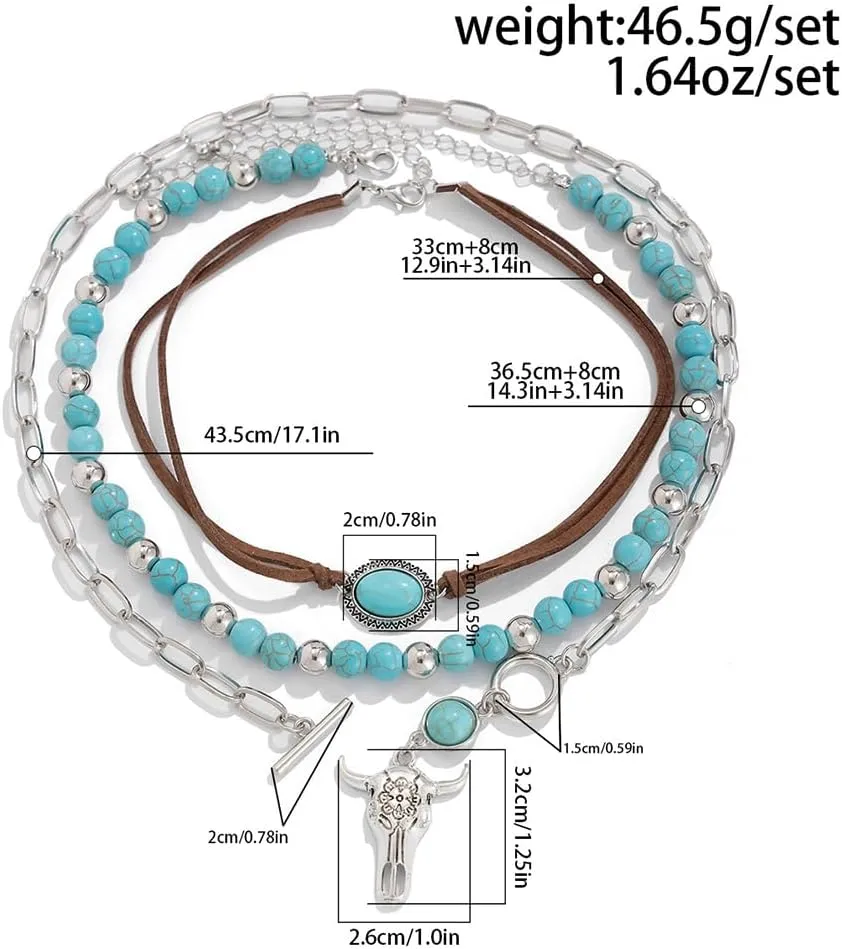 Western Layered Turquoise Cow Jewelry Set for Women Cowgirl Cowboy Boho Beaded Country Pendant Necklaces Accessories Vintage Cactus Choker Necklace Gift