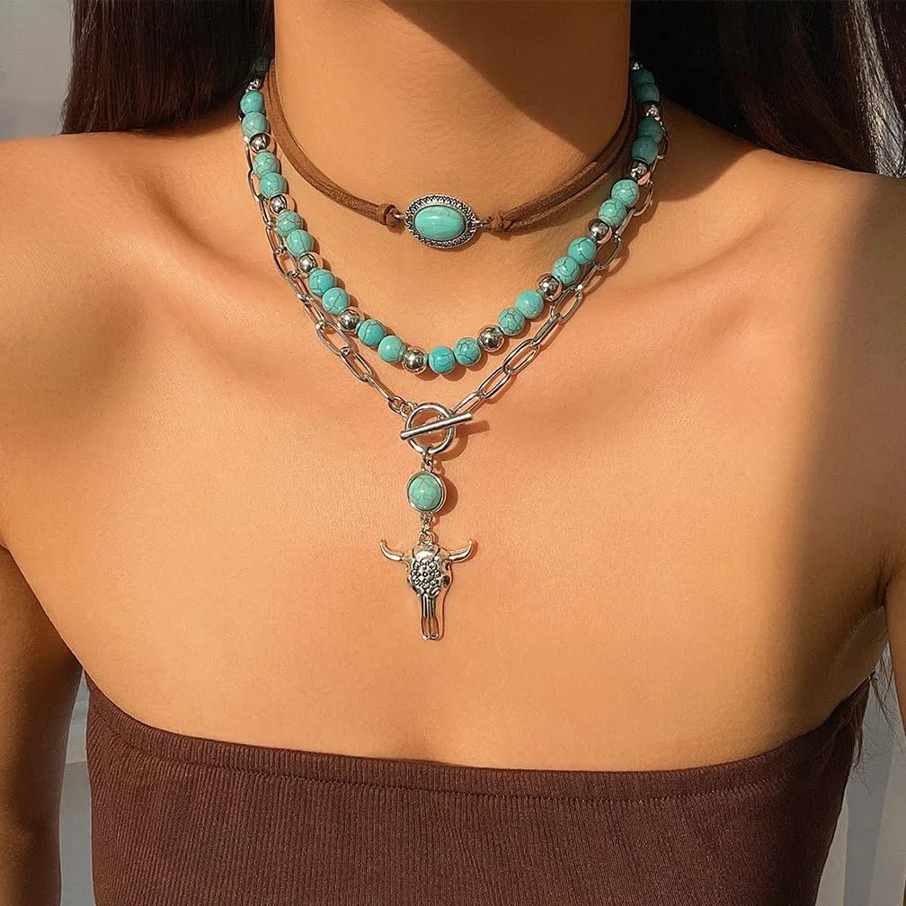 Western Layered Turquoise Cow Jewelry Set for Women Cowgirl Cowboy Boho Beaded Country Pendant Necklaces Accessories Vintage Cactus Choker Necklace Gift