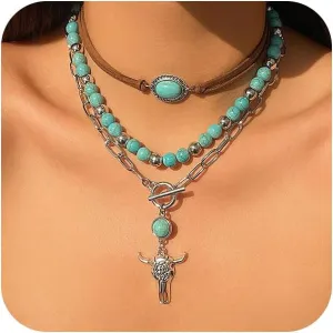 Western Layered Turquoise Cow Jewelry Set for Women Cowgirl Cowboy Boho Beaded Country Pendant Necklaces Accessories Vintage Cactus Choker Necklace Gift