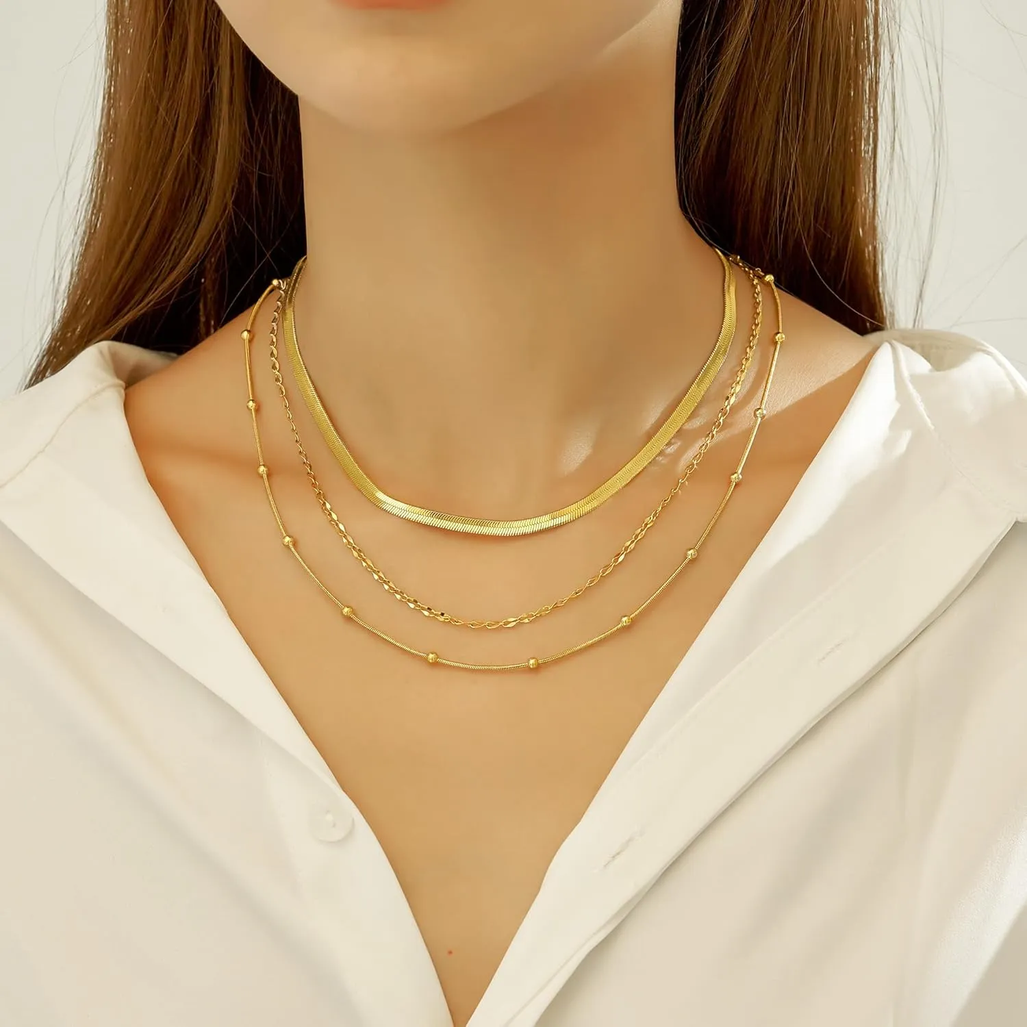 wgoud Gold Necklace for Women Waterproof,14K Real Gold Plated Herringbone Choker Necklace for Women Trendy, Dainty Gold Chain Necklaces Stack,Simple Layered Gold Necklaces for Women Jewelry Gifts