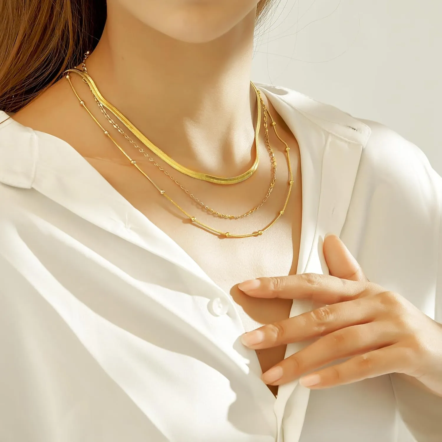 wgoud Gold Necklace for Women Waterproof,14K Real Gold Plated Herringbone Choker Necklace for Women Trendy, Dainty Gold Chain Necklaces Stack,Simple Layered Gold Necklaces for Women Jewelry Gifts