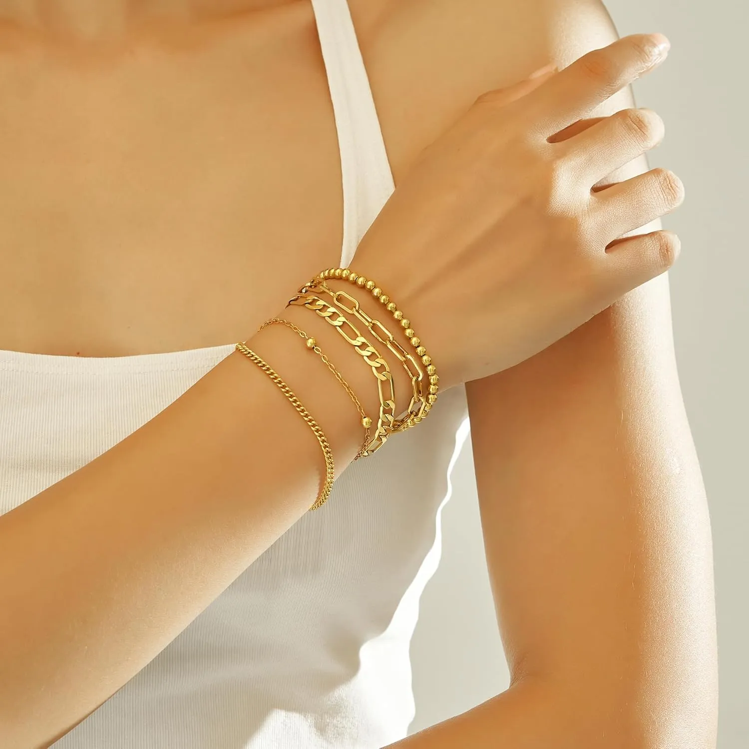 Wgoud Waterproof Gold Bracelets for Women Trendy, Dainty 14K Real Gold Plated Fashion Stackable Bracelet Sets for Women Thin Cuban Link Paperclip Chain Bracelets Layered Gold Jewelry Sets Gifts for Womens