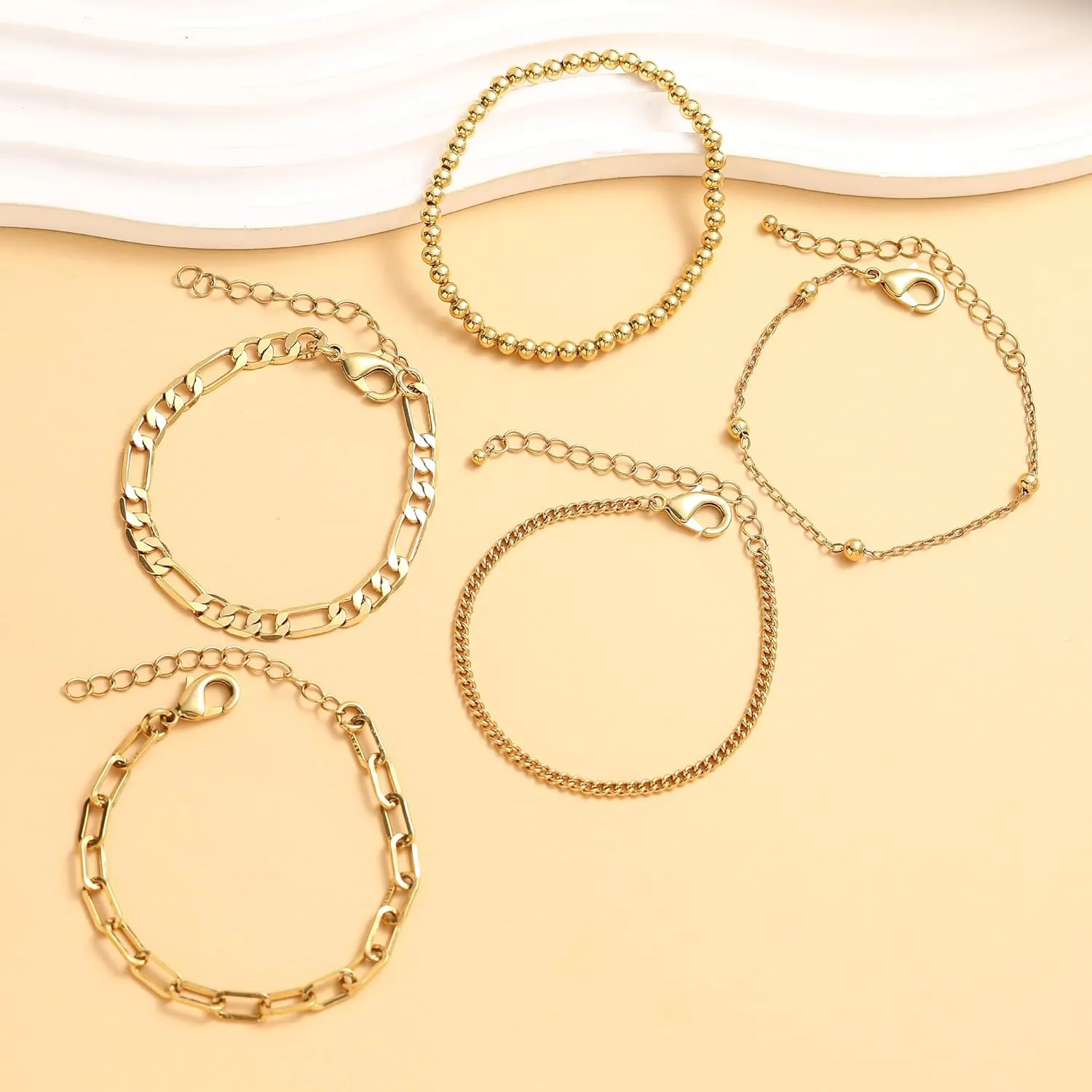 Wgoud Waterproof Gold Bracelets for Women Trendy, Dainty 14K Real Gold Plated Fashion Stackable Bracelet Sets for Women Thin Cuban Link Paperclip Chain Bracelets Layered Gold Jewelry Sets Gifts for Womens