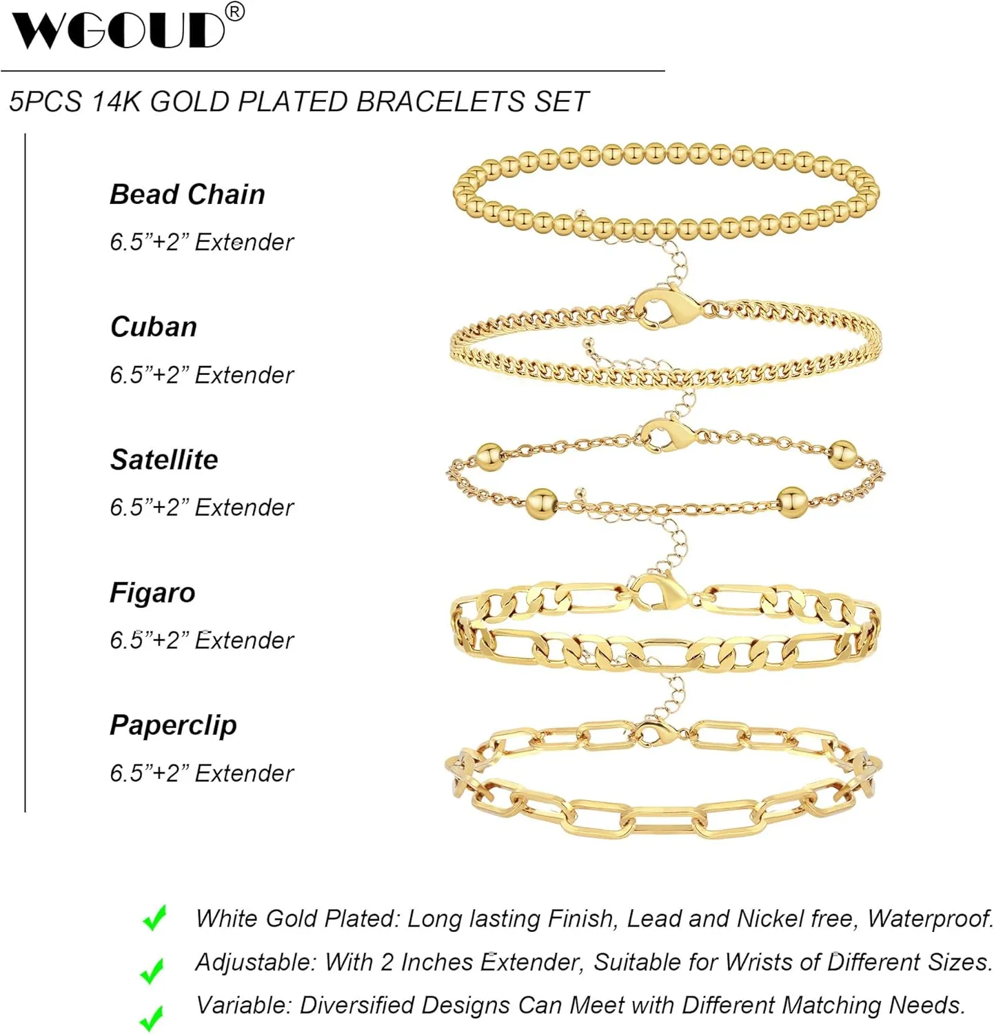 Wgoud Waterproof Gold Bracelets for Women Trendy, Dainty 14K Real Gold Plated Fashion Stackable Bracelet Sets for Women Thin Cuban Link Paperclip Chain Bracelets Layered Gold Jewelry Sets Gifts for Womens