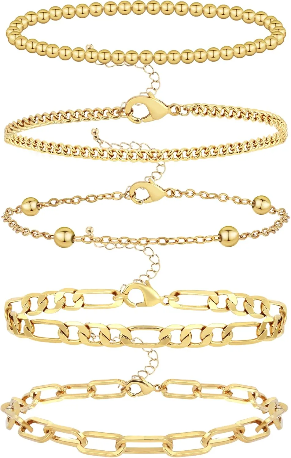 Wgoud Waterproof Gold Bracelets for Women Trendy, Dainty 14K Real Gold Plated Fashion Stackable Bracelet Sets for Women Thin Cuban Link Paperclip Chain Bracelets Layered Gold Jewelry Sets Gifts for Womens