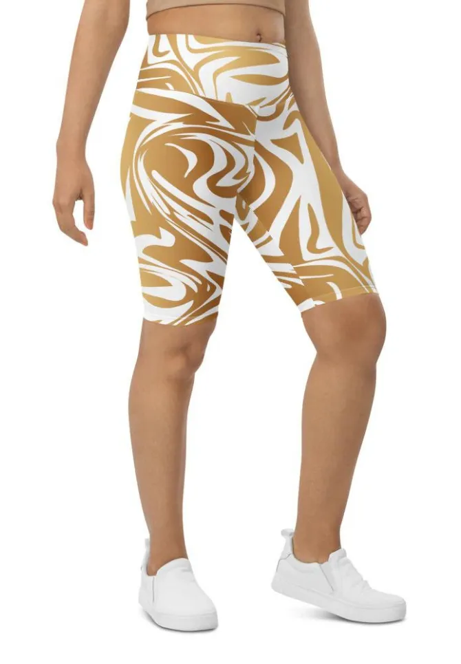 White & Gold Print Biker Shorts