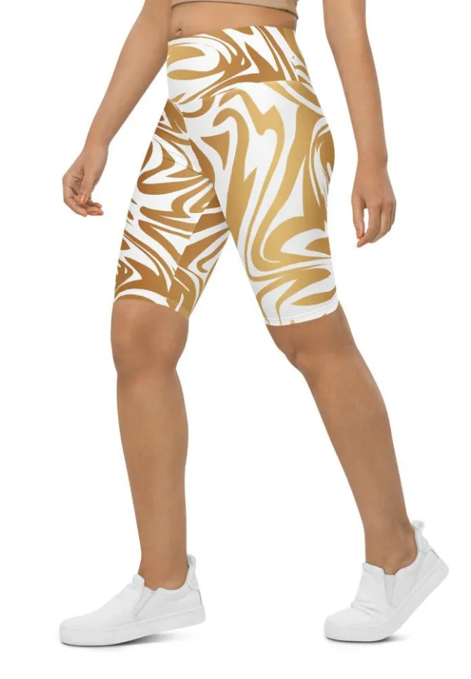 White & Gold Print Biker Shorts