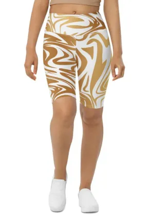 White & Gold Print Biker Shorts