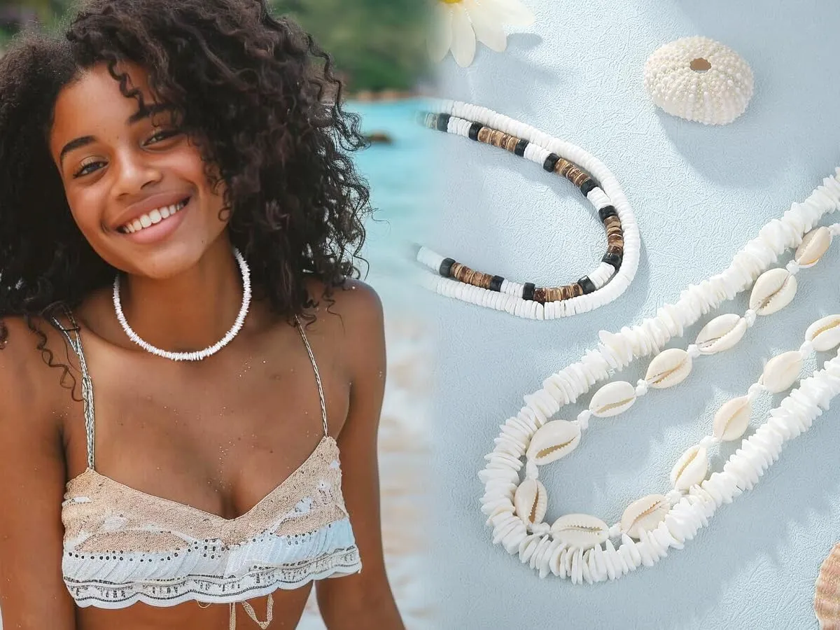 White Puka Shell Necklace Hawaiian Accessories for Men Women Surfer Beach Necklaces Pack