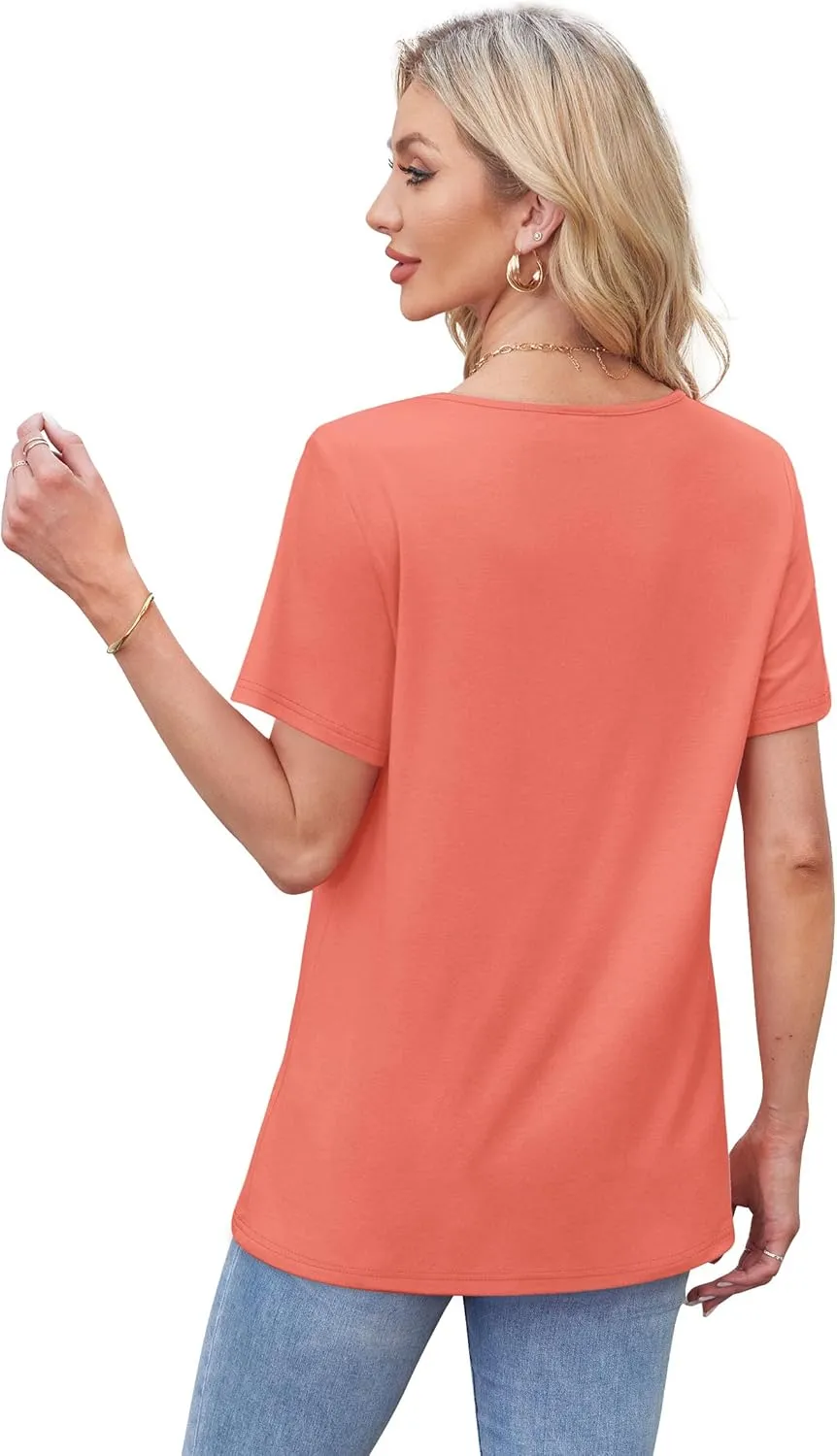 WIHOLL Womens Tops Short Sleeve T Shirts Pleated Dressy Casual Round Neck Summer Clothes Outfits Blouses Loose Fit