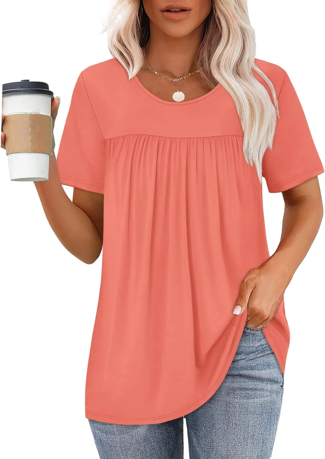 WIHOLL Womens Tops Short Sleeve T Shirts Pleated Dressy Casual Round Neck Summer Clothes Outfits Blouses Loose Fit