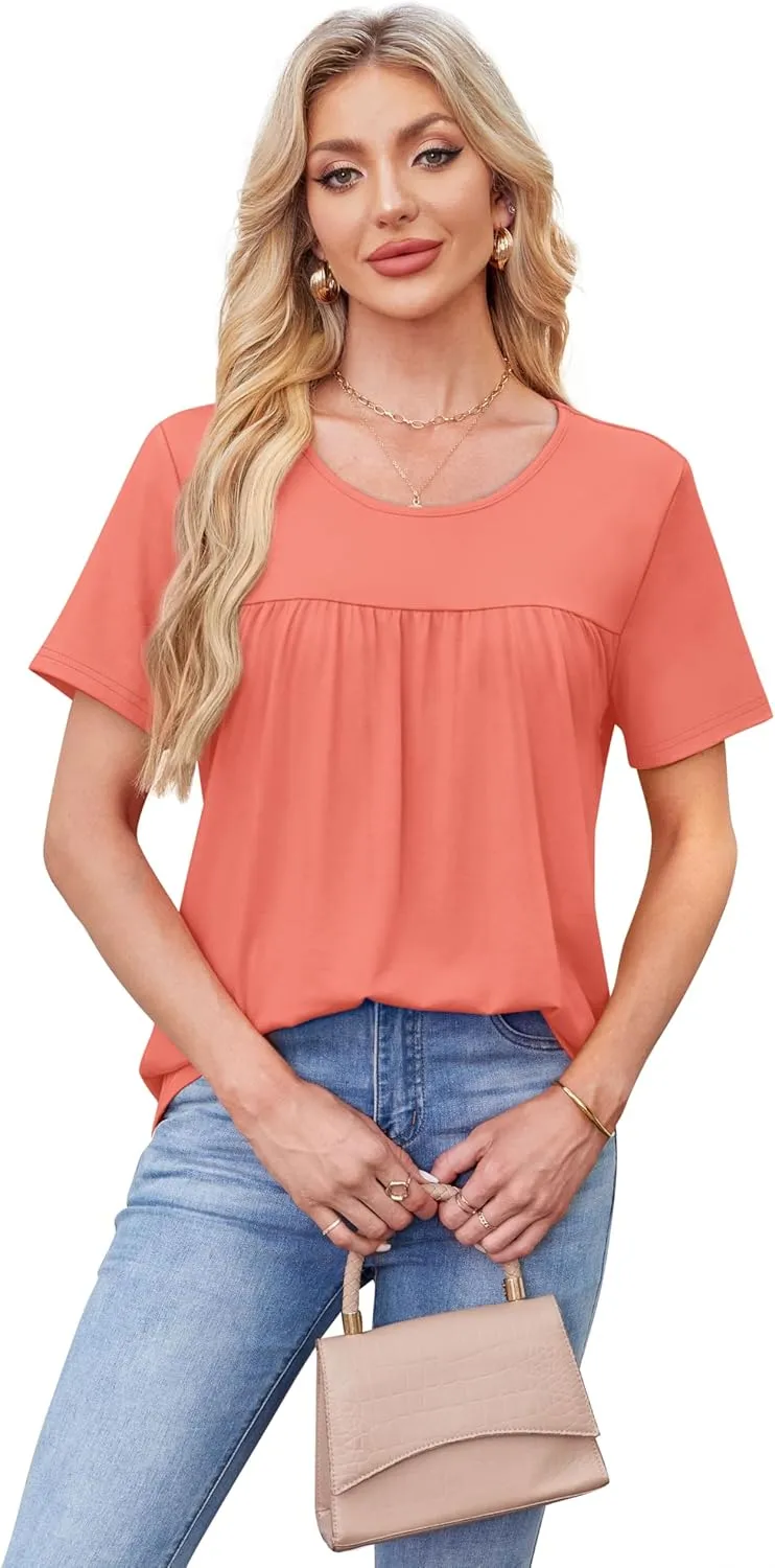 WIHOLL Womens Tops Short Sleeve T Shirts Pleated Dressy Casual Round Neck Summer Clothes Outfits Blouses Loose Fit