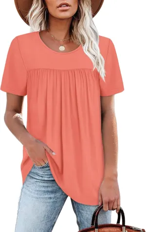 WIHOLL Womens Tops Short Sleeve T Shirts Pleated Dressy Casual Round Neck Summer Clothes Outfits Blouses Loose Fit