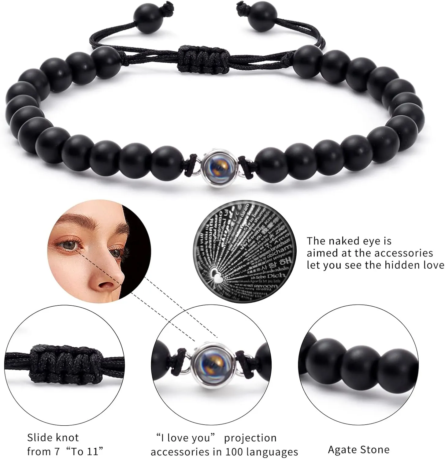 Winas Matching Bracelets for Couples- I Love You 100 Languages Couples Bracelets, Natural Stone Agate Crystal Bracelets Gifts for Women/Men, Anniversary Valentines Day Birthday Christmas Gifts for Him and Her