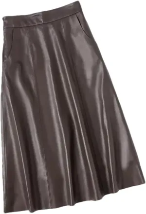 Women A-Line Genuine Leather Midi Skirts Retro High Waist Ruffle Hem Leather Umbrella Skirts