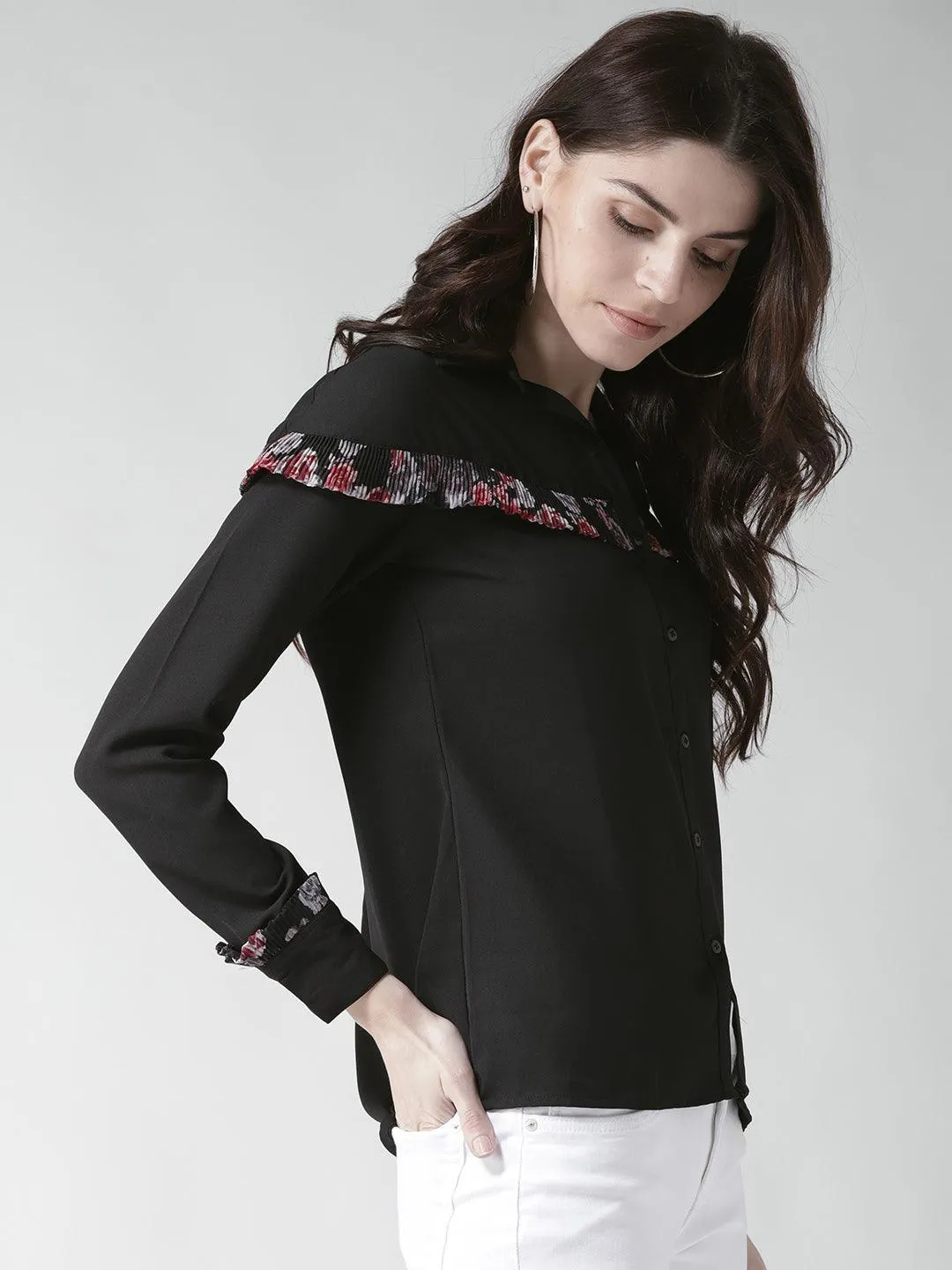 Women Black Contemporary Fit Solid Casual Shirt